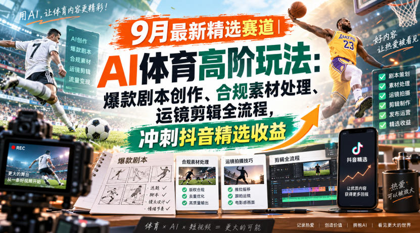 某大佬的9月最新精选赛道之AI体育顶级玩法，爆款剧本创作、版权规避、运镜剪辑全流程，稳拿抖音精选收益-知行阁轻创网-分享网络赚钱项目-全网首发副业项目实操平台-副业创业项目网