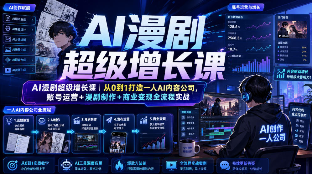 AI漫剧超级增长课｜从0到1打造一人AI内容公司，账号运营+漫剧制作+商业变现全流程实战-知行阁轻创网-分享网络赚钱项目-全网首发副业项目实操平台-副业创业项目网