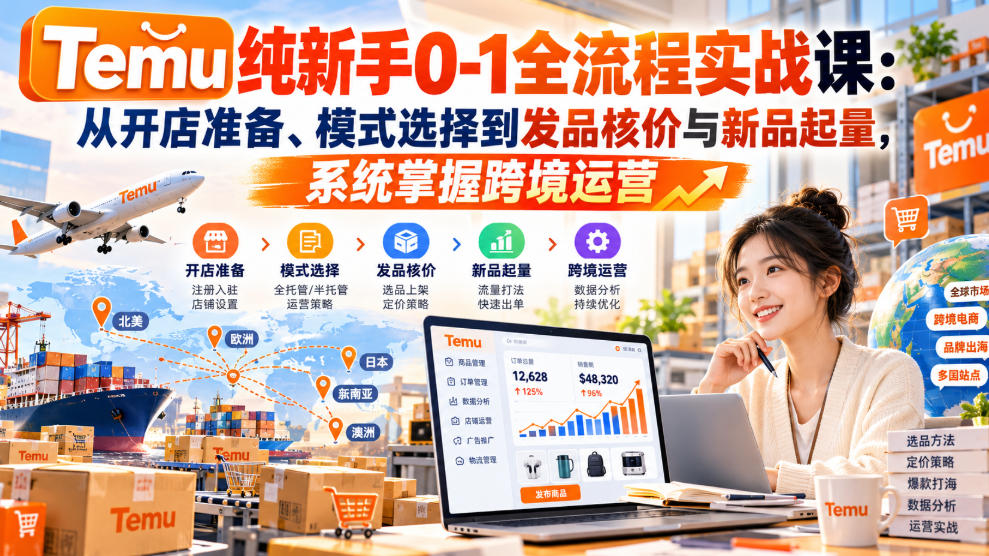 【无水印】Temu纯新手0-1全流程实战课:从开店准备、模式选择到发品核价与新品起量,系统掌握跨境运营-知行阁轻创网-分享网络赚钱项目-全网首发副业项目实操平台-副业创业项目网