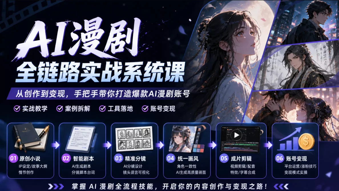 AI漫剧全链路实战系统课｜原创小说、智能剧本、精准分镜、统一画风、成片剪辑、账号变现实操教学(更新1018)-知行阁轻创网-分享网络赚钱项目-全网首发副业项目实操平台-副业创业项目网
