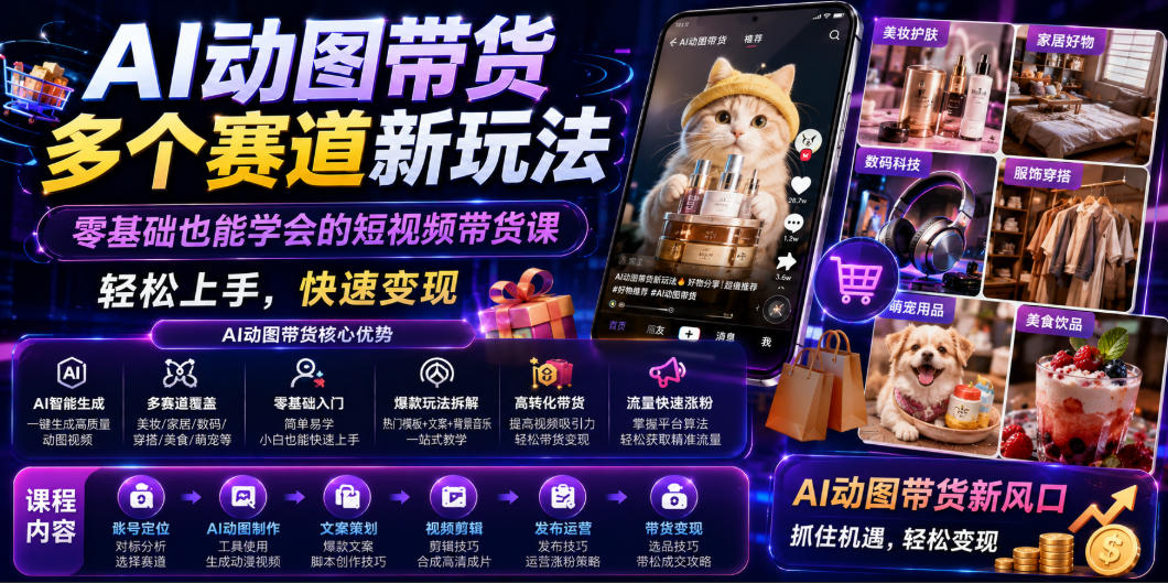 AI动图带货多个赛道新玩法，零基础也能学会的短视频带货课，轻松上手，快速变现-知行阁轻创网-分享网络赚钱项目-全网首发副业项目实操平台-副业创业项目网