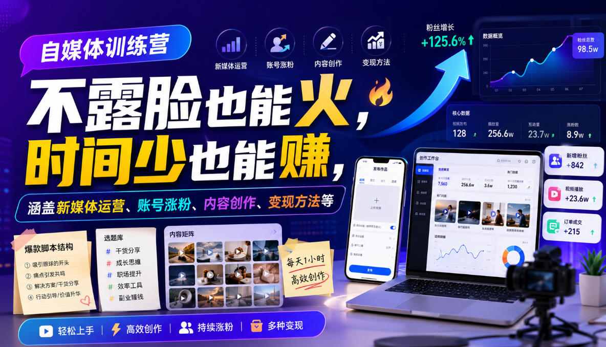 自媒体训练营，不露脸也能火，时间少也能賺，涵盖新媒体运营、账号涨粉、内容创作、变现方法等-知行阁轻创网-分享网络赚钱项目-全网首发副业项目实操平台-副业创业项目网