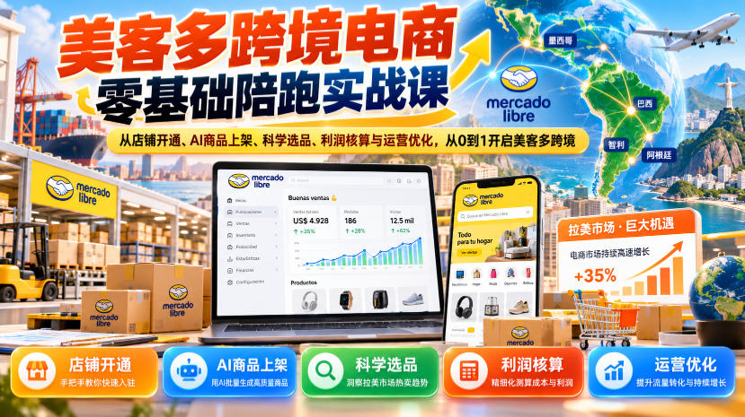 美客多跨境电商零基础陪跑实战课：从店铺开通、AI商品上架、科学选品、利润核算与运营优化，从0到1开启美客多跨境-知行阁轻创网-分享网络赚钱项目-全网首发副业项目实操平台-副业创业项目网