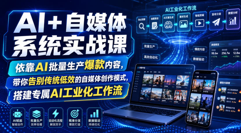 AI+自媒体系统实战课，依靠AI批量生产爆款内容，带你告别传统低效的自媒体创作模式，搭建专属AI工业化工作流-知行阁轻创网-分享网络赚钱项目-全网首发副业项目实操平台-副业创业项目网