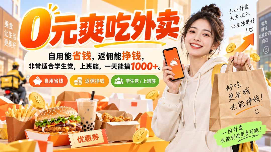 （20309期）0元爽吃外卖，自用能省钱，返佣能挣钱，非常适合学生党，上班族，一天能搞1000+-知行阁轻创网-分享网络赚钱项目-全网首发副业项目实操平台-副业创业项目网