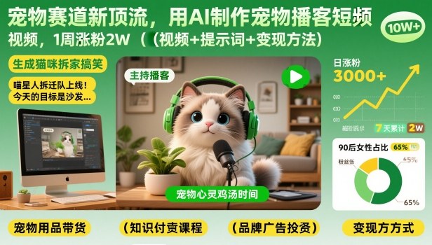 宠物赛道新顶流，用AI制作宠物播客短视频，1周涨粉2W(视频+提示词+变现方法)-知行阁轻创网-分享网络赚钱项目-全网首发副业项目实操平台-副业创业项目网