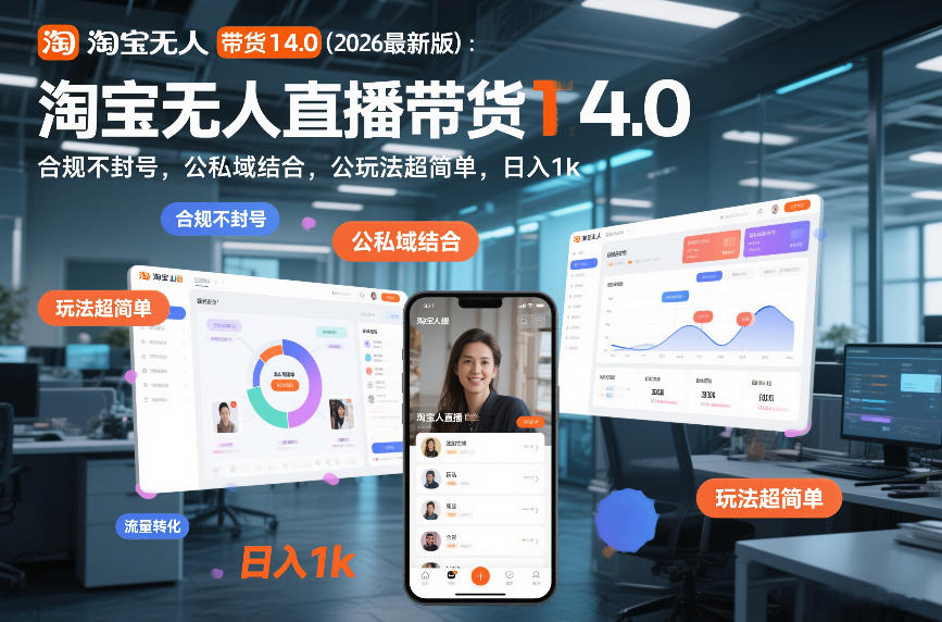 淘宝无人直播带货14.0（2026最新版）：合规不封号，公私域结合，玩法超简单，日入1k+【揭秘】-知行阁轻创网-分享网络赚钱项目-全网首发副业项目实操平台-副业创业项目网