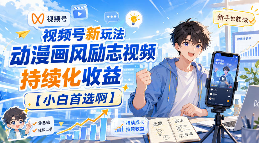 视频号新玩法动漫画风励志视频，持续化收益【小白首选啊】-知行阁轻创网-分享网络赚钱项目-全网首发副业项目实操平台-副业创业项目网