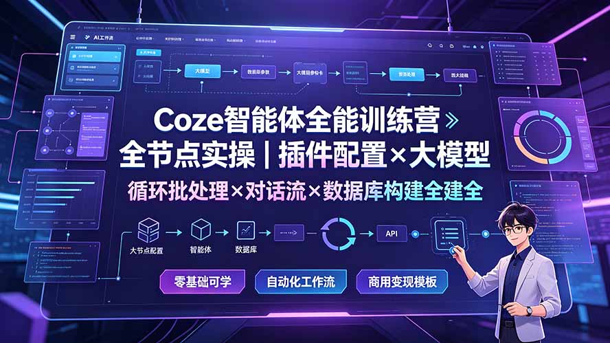 Coze智能体全能训练营:全节点实操|插件配置×大模型×循环批处理×对话流×数据库构建全教学-知行阁轻创网-分享网络赚钱项目-全网首发副业项目实操平台-副业创业项目网