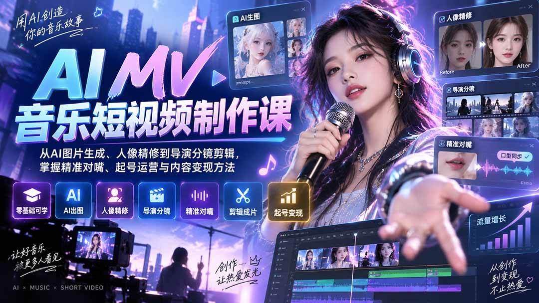 （20364期）AI MV音乐短视频制作课：从AI图片生成、人像精修到导演分镜剪辑，掌握精准对嘴、起号运营与内容变现方法-知行阁轻创网-分享网络赚钱项目-全网首发副业项目实操平台-副业创业项目网