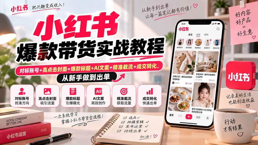 （20473期）小红书爆款带货实战教程｜对标账号+高点击封面+爆款标题+AI文案+精准截流+成交转化，从新手做到出单-知行阁轻创网-分享网络赚钱项目-全网首发副业项目实操平台-副业创业项目网