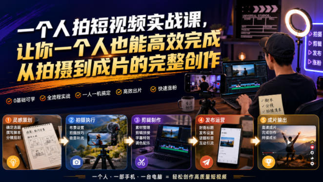 一个人拍短视频实战课，让你一个人也能高效完成从拍摄到成片的完整创作-知行阁轻创网-分享网络赚钱项目-全网首发副业项目实操平台-副业创业项目网