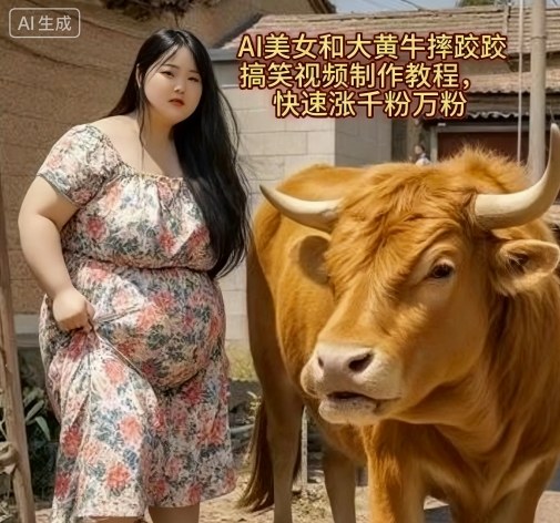 AI美女和大黄牛摔跤搞笑荒诞视频制作教程，快速涨千粉万粉-知行阁轻创网-分享网络赚钱项目-全网首发副业项目实操平台-副业创业项目网