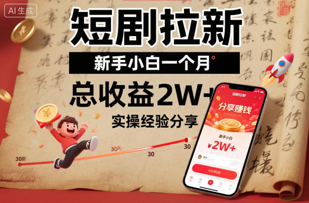 短剧拉新新手小白一个月总收益2W+实操经验分享-知行阁轻创网-分享网络赚钱项目-全网首发副业项目实操平台-副业创业项目网