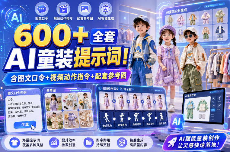 600+全套AI童装提示词！含图文口令+视频动作指令+配套参考图，Word-Excel规整分类，童装电商、种草无脑量产内容！-知行阁轻创网-分享网络赚钱项目-全网首发副业项目实操平台-副业创业项目网
