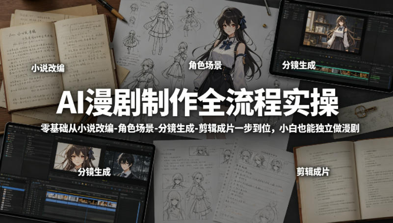 AI漫剧制作全流程实操，零基础从小说改编-角色场景-分镜生成-剪辑成片一步到位，小白也能独立做漫剧-知行阁轻创网-分享网络赚钱项目-全网首发副业项目实操平台-副业创业项目网
