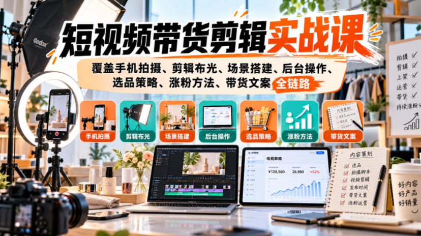 短视频带货剪辑实战课,覆盖手机拍摄、剪辑布光、场景搭建、后台操作、选品策略、涨粉方法、带货文案全链路-知行阁轻创网-分享网络赚钱项目-全网首发副业项目实操平台-副业创业项目网