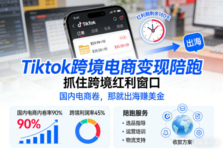 Tiktok跨境电商变现陪跑，抓住跨境红利窗口，国内电商卷，那就出海賺美金-知行阁轻创网-分享网络赚钱项目-全网首发副业项目实操平台-副业创业项目网