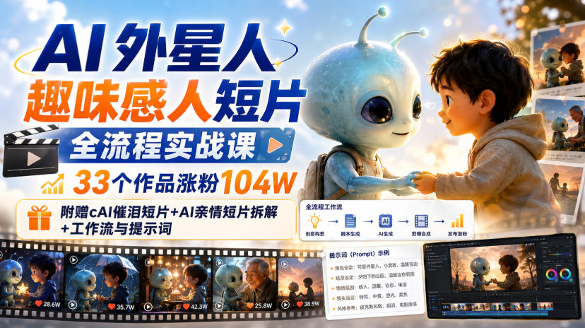 AI外星人趣味感人短片全流程实战课,33个作品涨粉104W,附赠AI催泪短片+AI亲情短片拆解+工作流与提示词 AI外星人趣味感人短片全流程实战课,33个作品涨粉104W,附赠AI催泪短片+AI亲情短片拆解+工作流与提示词