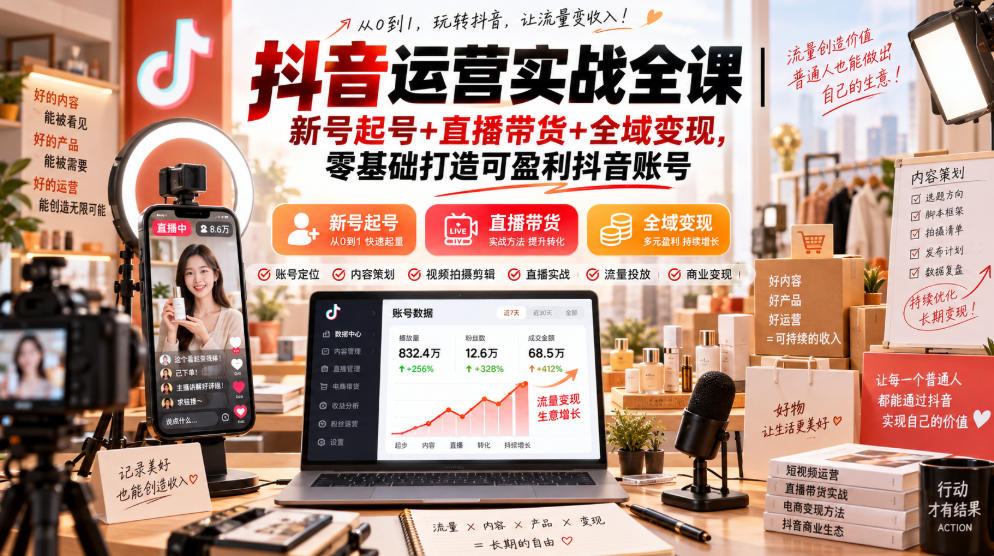 抖音运营实战全课｜新号起号+直播带货+全域变现，零基础打造可盈利抖音账号-知行阁轻创网-分享网络赚钱项目-全网首发副业项目实操平台-副业创业项目网