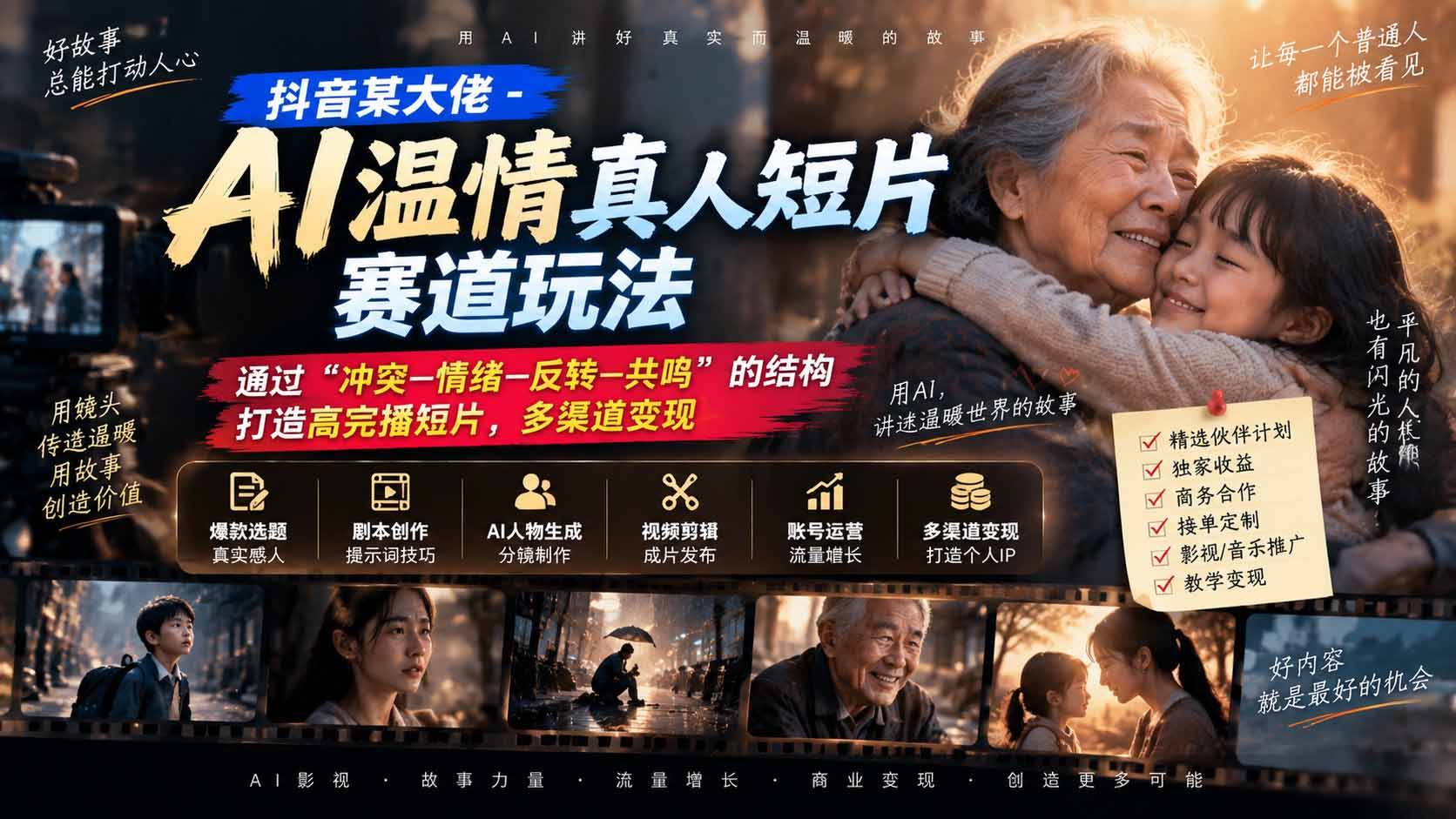 （20538期）抖音某大佬-AI温情真人短片赛道玩法：通过“冲突—情绪—反转—共鸣”的结构打造高完播短片，多渠道变现-知行阁轻创网-分享网络赚钱项目-全网首发副业项目实操平台-副业创业项目网
