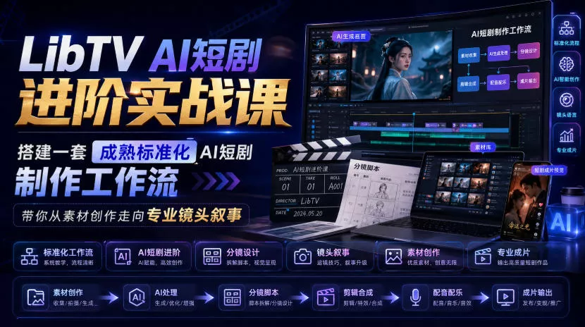 LibTV AI短剧进阶实战课,搭建一套成熟标准化AI短剧制作工作流,带你从素材创作走向专业镜头叙事-知行阁轻创网-分享网络赚钱项目-全网首发副业项目实操平台-副业创业项目网
