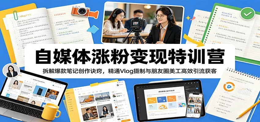 自媒体涨粉变现特训营：拆解爆款笔记创作诀窍，精通Vlog摄制与朋友圈美工高效引流获客-知行阁轻创网-分享网络赚钱项目-全网首发副业项目实操平台-副业创业项目网