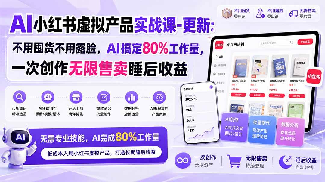（20311期）AI小红书虚拟产品实战课-更新：不用囤货不用露脸，AI搞定80%工作量，一次创作无限售卖睡后收益-知行阁轻创网-分享网络赚钱项目-全网首发副业项目实操平台-副业创业项目网
