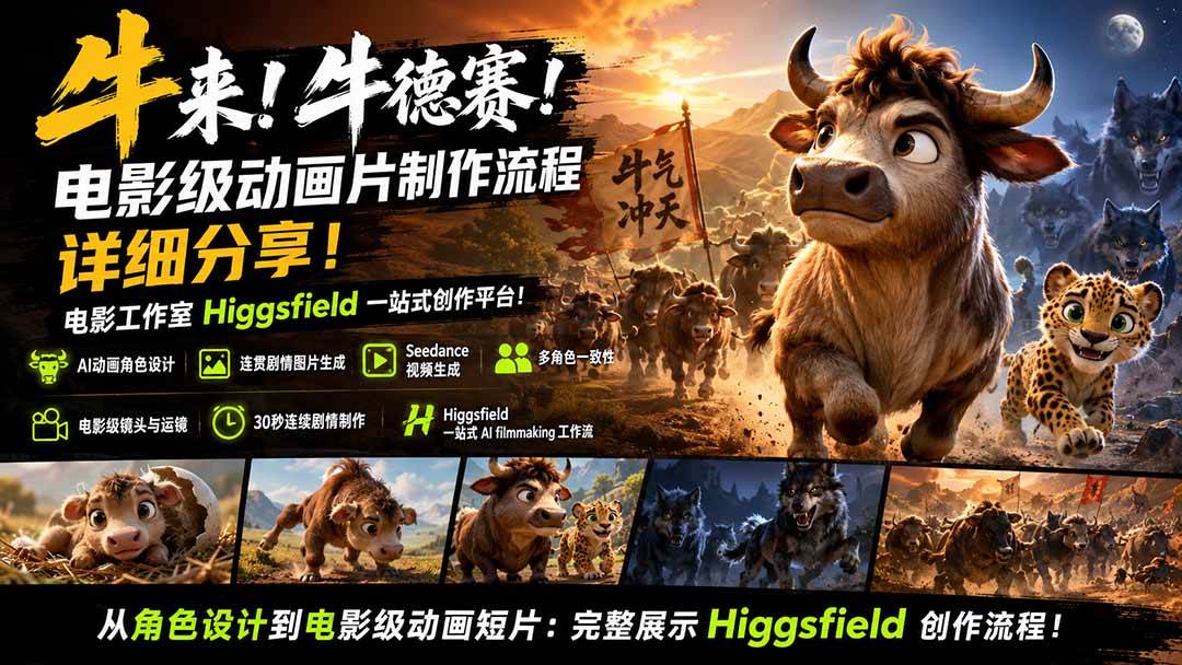 （19987期）牛来！牛德赛！电影级动画片制作流程详细分享！电影工作室Higgsfield一站式创作平台！-知行阁轻创网-分享网络赚钱项目-全网首发副业项目实操平台-副业创业项目网