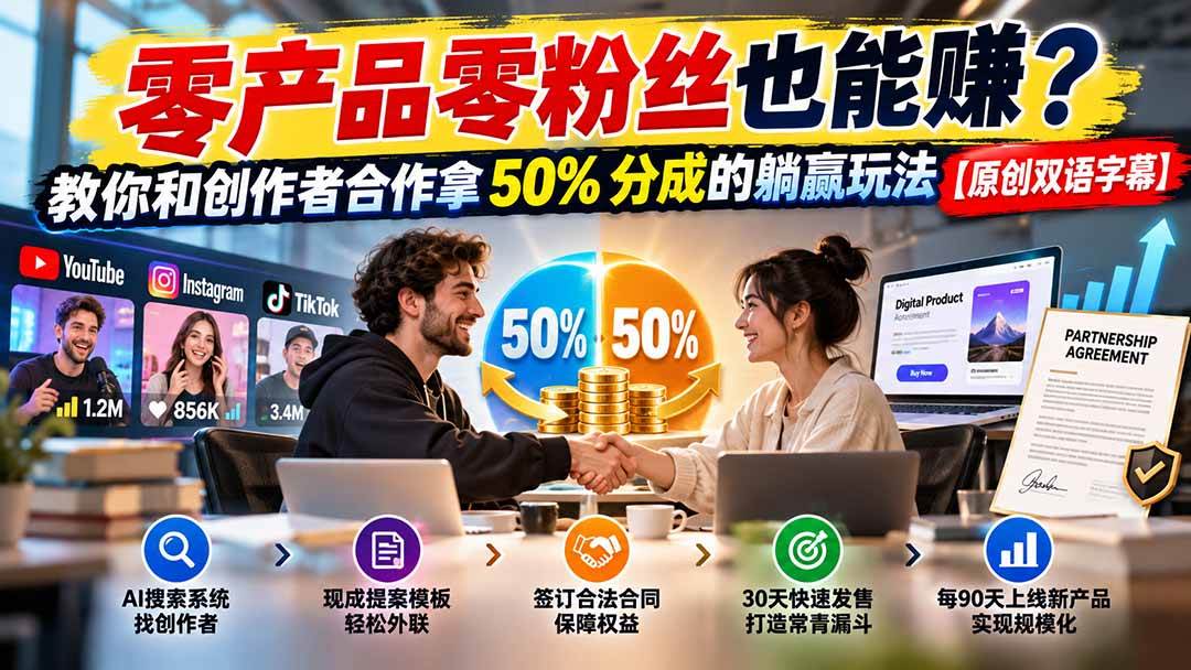 （20957期）零产品零粉丝也能赚？教你和创作者合作拿 50% 分成的躺赢玩法【原创双语字幕】-知行阁轻创网-分享网络赚钱项目-全网首发副业项目实操平台-副业创业项目网