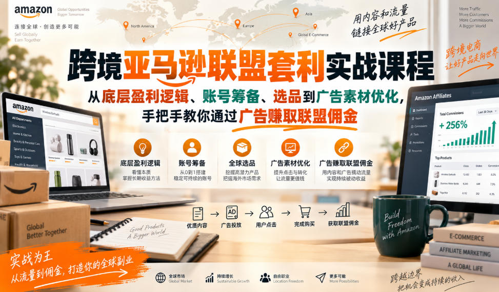 跨境亚马逊联盟套利实战课程,从底层盈利逻辑、账号筹备、选品到广告素材优化,手把手教你通过广告賺取联盟佣金-知行阁轻创网-分享网络赚钱项目-全网首发副业项目实操平台-副业创业项目网