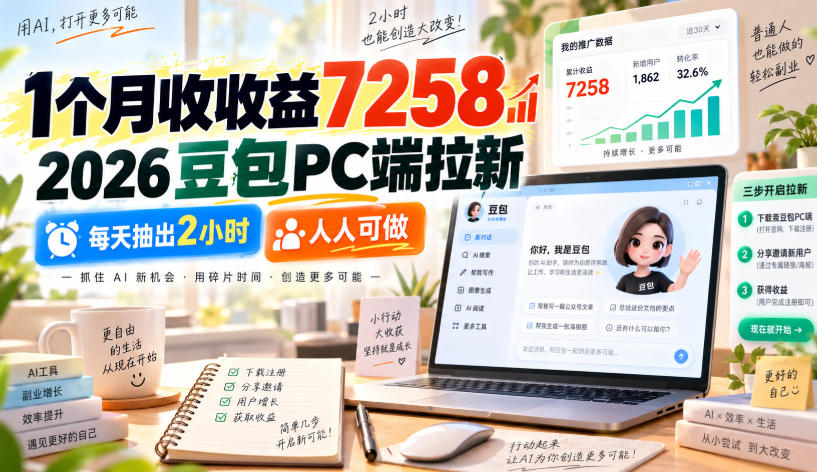 1个月收收益7258，2026豆包PC端拉新，每天抽出2小时，人人可做-知行阁轻创网-分享网络赚钱项目-全网首发副业项目实操平台-副业创业项目网