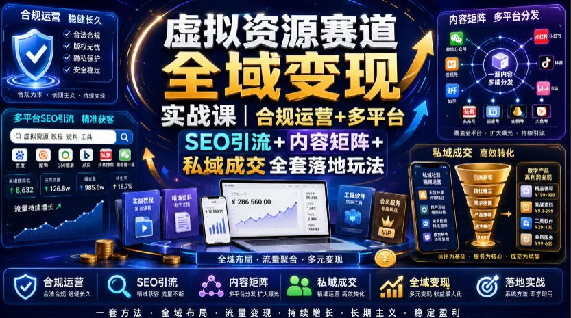 虚拟资源赛道全域变现实战课｜合规运营+多平台SEO引流+内容矩阵+私域成交全套落地玩法-知行阁轻创网-分享网络赚钱项目-全网首发副业项目实操平台-副业创业项目网