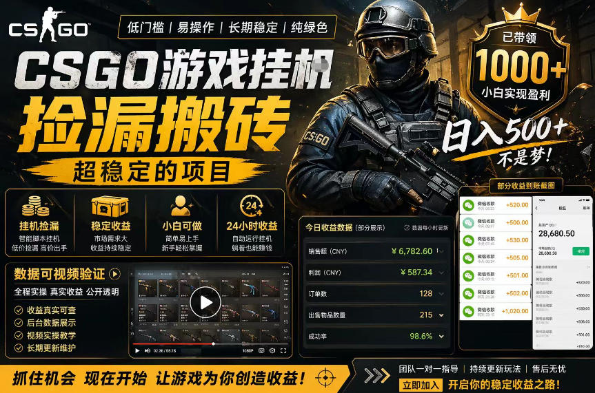 CSGO游戏搬砖，全自动挂G，不需要玩游戏，手机操作日入300+，解放双手【揭秘】-知行阁轻创网-分享网络赚钱项目-全网首发副业项目实操平台-副业创业项目网