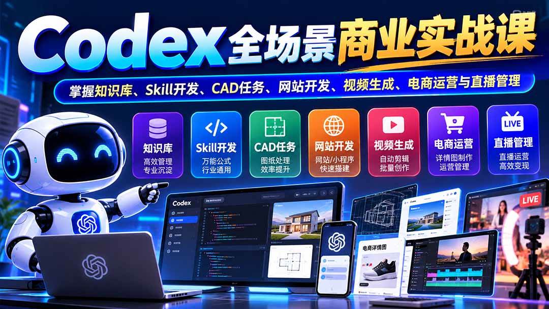 （20712期）【无水印】Codex全场景商业实战课：掌握知识库、Skill开发、CAD任务、网站开发、视频生成、电商运营与直播管理-知行阁轻创网-分享网络赚钱项目-全网首发副业项目实操平台-副业创业项目网