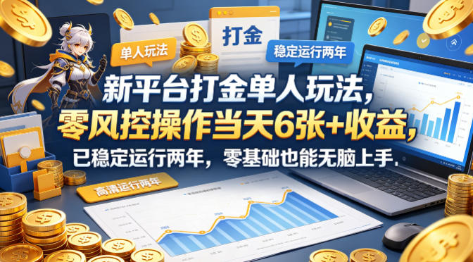 新平台打金单人玩法，零风控操作当天6张+收益，已稳定运行两年，零基础也能无脑上手【揭秘】-知行阁轻创网-分享网络赚钱项目-全网首发副业项目实操平台-副业创业项目网