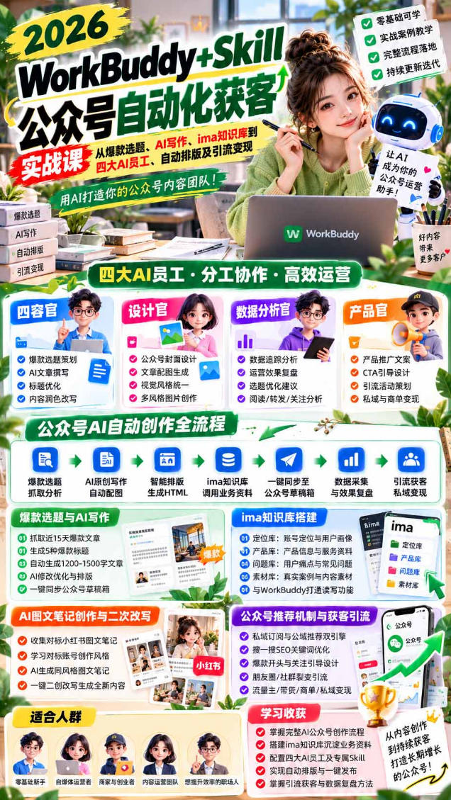 2026WorkBuddy+Skill公众号自动化获客实战课，从爆款选题、AI写作、ima知识库到四大AI员工、自动排版及引流变现，用AI打造你的公众号内容团队-知行阁轻创网-分享网络赚钱项目-全网首发副业项目实操平台-副业创业项目网