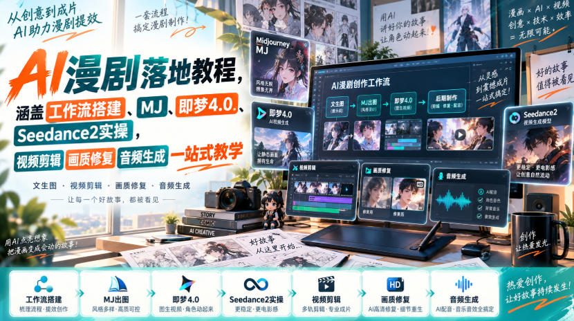 AI漫剧落地教程，涵盖工作流搭建、MJ、即梦4.0、Seedance2实操，视频剪辑画质修复音频生成一站式教学-知行阁轻创网-分享网络赚钱项目-全网首发副业项目实操平台-副业创业项目网