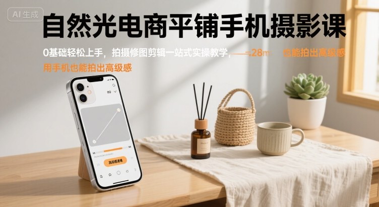 自然光电商平铺手机摄影课，0基础轻松上手，拍摄修图剪辑一站式实操教学，用手机也能拍出高级感-知行阁轻创网-分享网络赚钱项目-全网首发副业项目实操平台-副业创业项目网