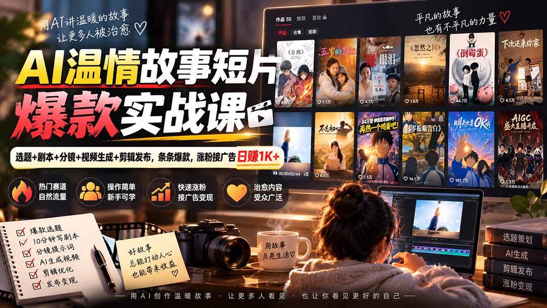 （20477期）AI温情故事短片爆款实战课-更新｜选题+剧本+分镜+视频生成+剪辑发布，条条爆款，涨粉接广告日赚1K+-知行阁轻创网-分享网络赚钱项目-全网首发副业项目实操平台-副业创业项目网
