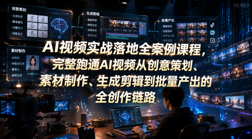 AI视频实战落地全案例课程,完整跑通AI视频从创意策划、素材制作、生成剪辑到批量产出的全创作链路-知行阁轻创网-分享网络赚钱项目-全网首发副业项目实操平台-副业创业项目网