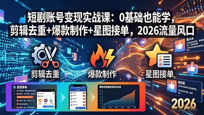 （18160期）短剧账号变现实战课：0基础也能学，剪辑去重+爆款制作+星图接单，2026流量风口-知行阁轻创网-分享网络赚钱项目-全网首发副业项目实操平台-副业创业项目网