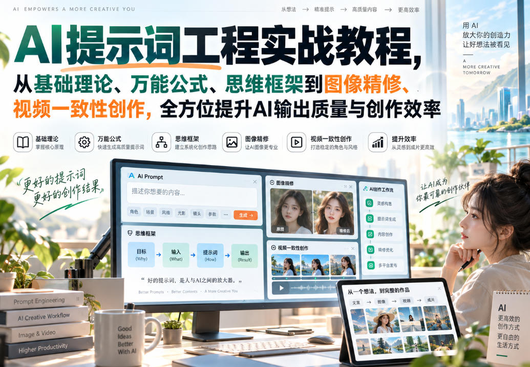 AI提示词工程实战教程，从基础理论、万能公式、思维框架到图像精修、视频一致性创作，全方位提升AI输出质量与创作效率-知行阁轻创网-分享网络赚钱项目-全网首发副业项目实操平台-副业创业项目网