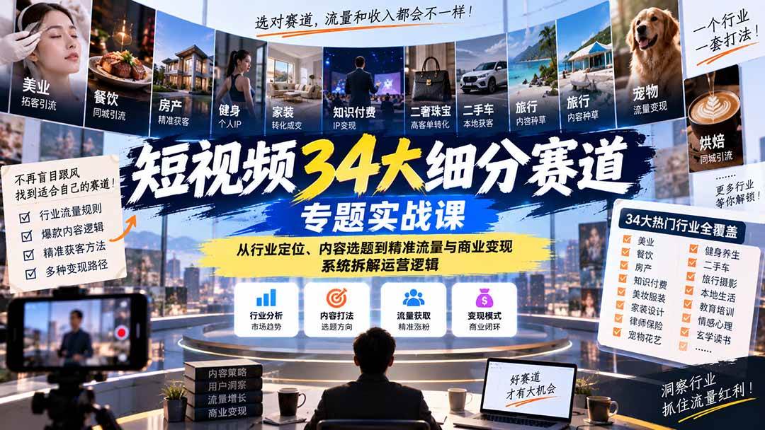 （20600期）短视频34大细分赛道专题实战课：从行业定位、内容选题到精准流量与商业变现，系统拆解运营逻辑-知行阁轻创网-分享网络赚钱项目-全网首发副业项目实操平台-副业创业项目网
