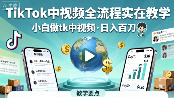 TikTok中视频全流程实操教学，小白做tk中视频，日入百刀-知行阁轻创网-分享网络赚钱项目-全网首发副业项目实操平台-副业创业项目网