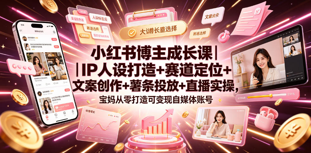 小红书博主成长课｜IP人设打造+赛道定位+文案创作+薯条投放+直播实操，宝妈从零打造可变现自媒体账号-知行阁轻创网-分享网络赚钱项目-全网首发副业项目实操平台-副业创业项目网
