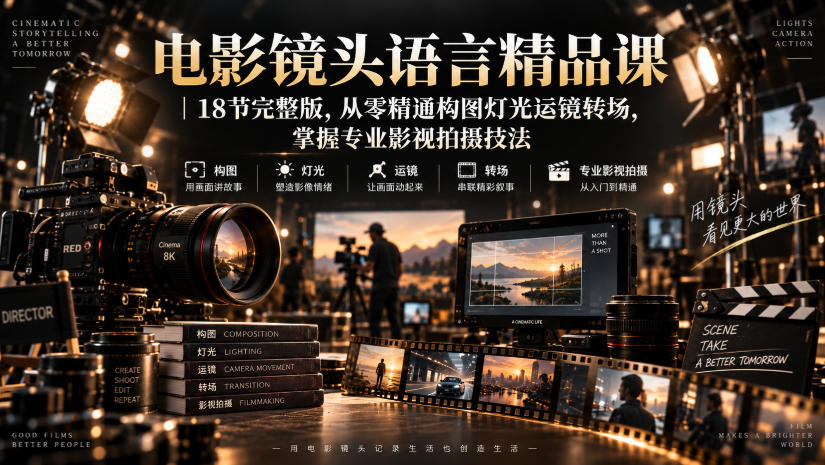 电影镜头语言精品课｜18节完整版，从零精通构图灯光运镜转场，掌握专业影视拍摄技法-知行阁轻创网-分享网络赚钱项目-全网首发副业项目实操平台-副业创业项目网