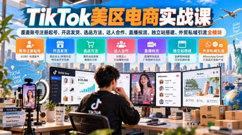 TikTok美区电商实战课，覆盖账号注册起号、开店发货、选品方法、达人合作、直播投流、独立站搭建、外贸私域引流全模块-知行阁轻创网-分享网络赚钱项目-全网首发副业项目实操平台-副业创业项目网