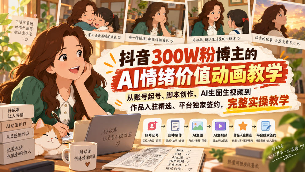 抖音300W粉博主的AI情绪价值动画教学,从账号起号、脚本创作、AI生图生视频到作品入驻精选、平台独家签约,完整实操-知行阁轻创网-分享网络赚钱项目-全网首发副业项目实操平台-副业创业项目网