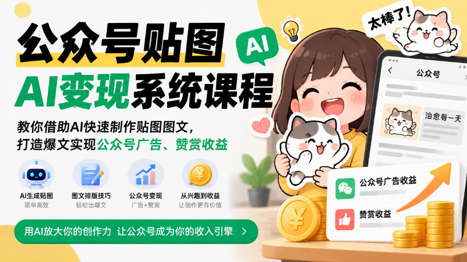 公众号贴图AI变现系统课程｜教你借助AI快速制作贴图图文，打造爆文实现公众号广告、赞赏收益-知行阁轻创网-分享网络赚钱项目-全网首发副业项目实操平台-副业创业项目网